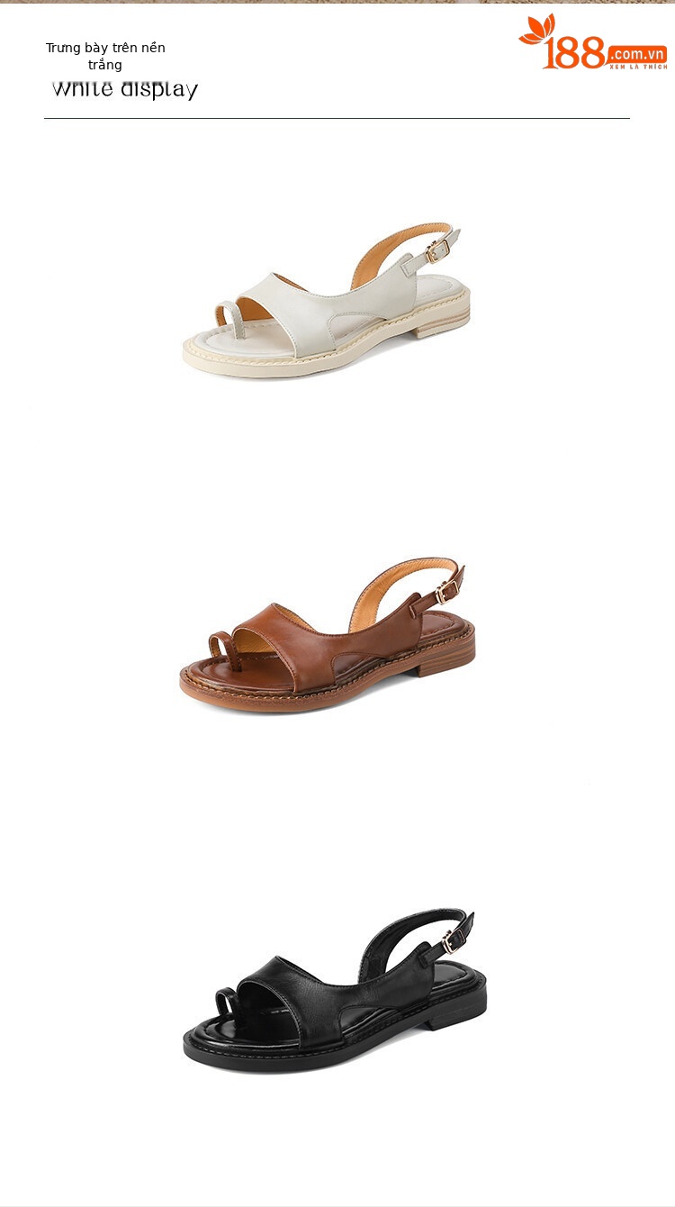 Sandal nữ xỏ ngón đế bệt da thật phong cách La Mã hở mũi quai hậu — Màu nâu, Màu đen, Màu trắng be chi tiết 45