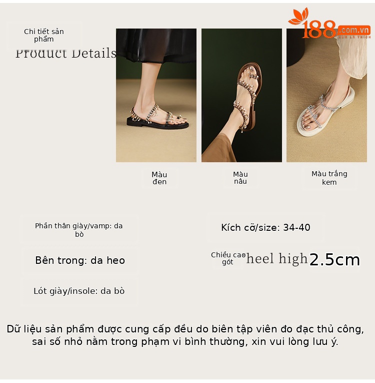 Dép sandal nữ xỏ ngón đế bệt da bò phong cách La Mã tua rua ngọc trai — Màu nâu, Màu đen, Màu trắng be chi tiết 2