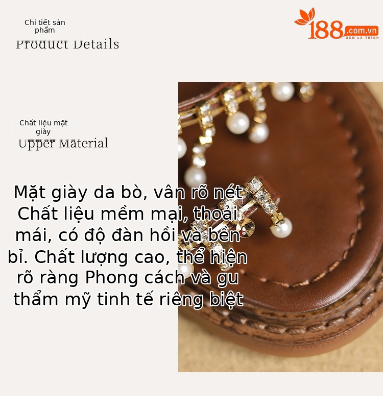 Dép sandal nữ xỏ ngón đế bệt da bò phong cách La Mã tua rua ngọc trai — Màu nâu, Màu đen, Màu trắng be chi tiết 4