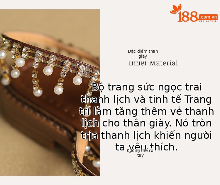 Dép sandal nữ xỏ ngón đế bệt da bò phong cách La Mã tua rua ngọc trai — Màu nâu, Màu đen, Màu trắng be chi tiết 5