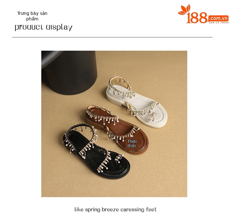 Dép sandal nữ xỏ ngón đế bệt da bò phong cách La Mã tua rua ngọc trai — Màu nâu, Màu đen, Màu trắng be chi tiết 10
