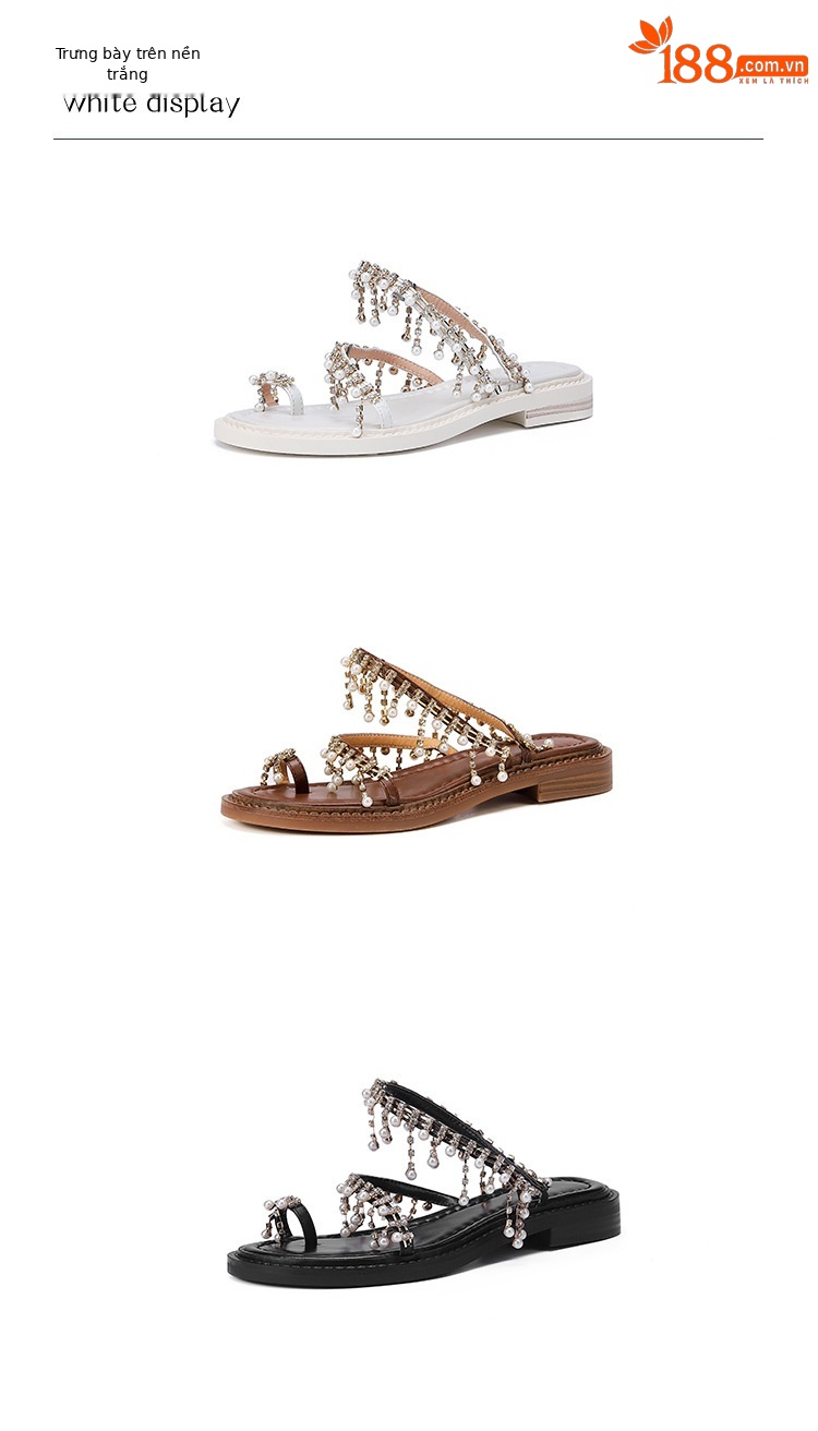 Dép sandal nữ xỏ ngón đế bệt da bò phong cách La Mã tua rua ngọc trai — Màu nâu, Màu đen, Màu trắng be chi tiết 21