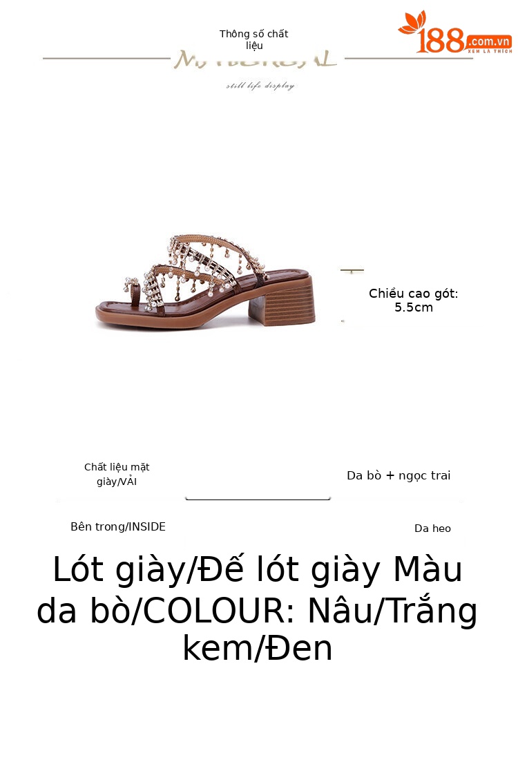 Sandal da thật kiểu La Mã gót thô cao vừa, quai ngang đính ngọc trai và tua rua, mũi hở xỏ ngón — Màu nâu, Màu đen, Màu trắng be chi tiết 2