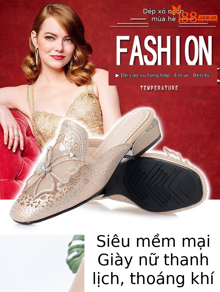 Dép lê bít mũi rỗng đế thấp đính đá thời trang cho nữ — Màu vàng chi tiết 1