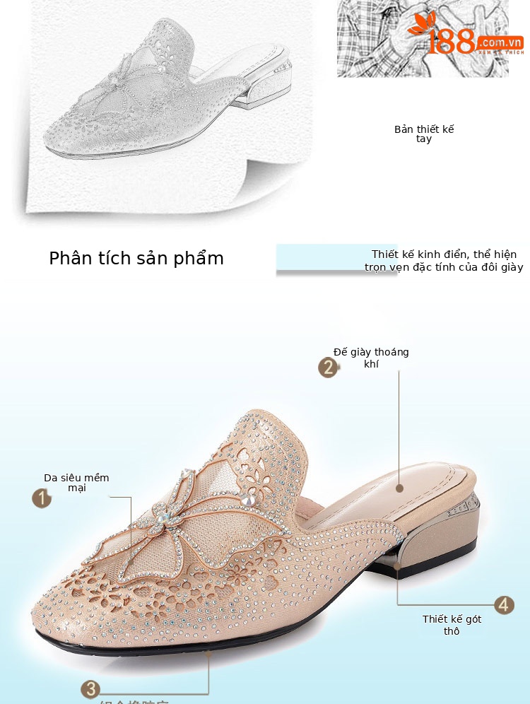 Dép lê bít mũi rỗng đế thấp đính đá thời trang cho nữ — Màu vàng chi tiết 3