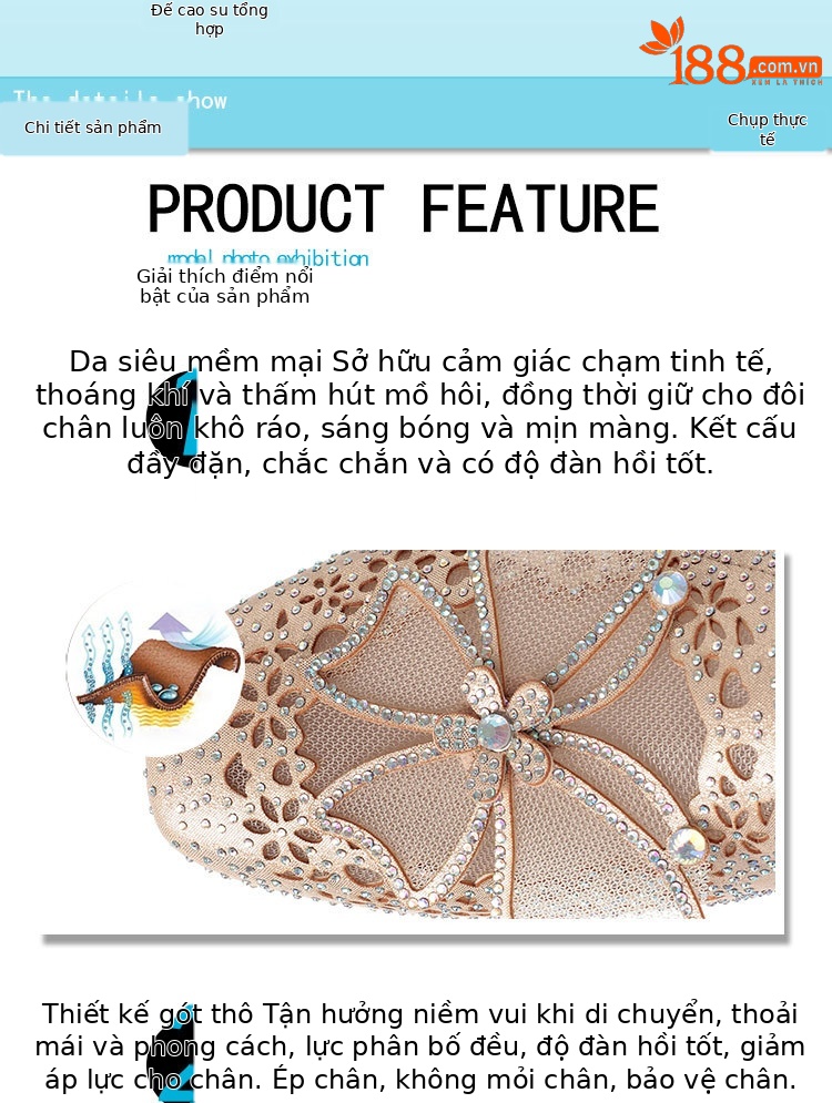 Dép lê bít mũi rỗng đế thấp đính đá thời trang cho nữ — Màu vàng chi tiết 4