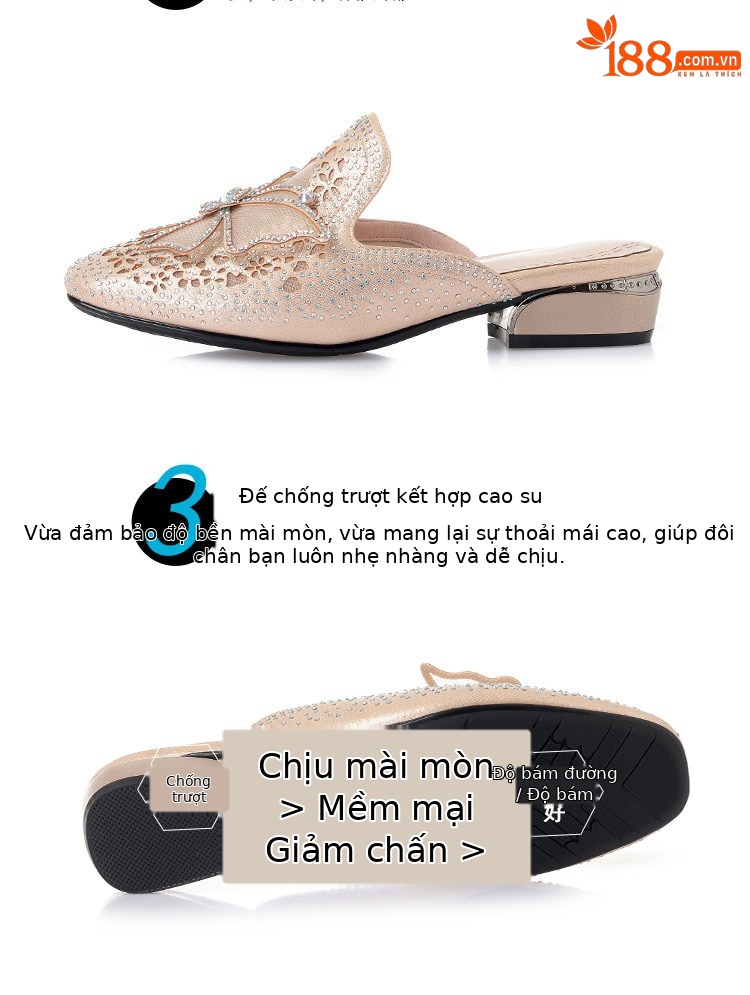 Dép lê bít mũi rỗng đế thấp đính đá thời trang cho nữ — Màu vàng chi tiết 5