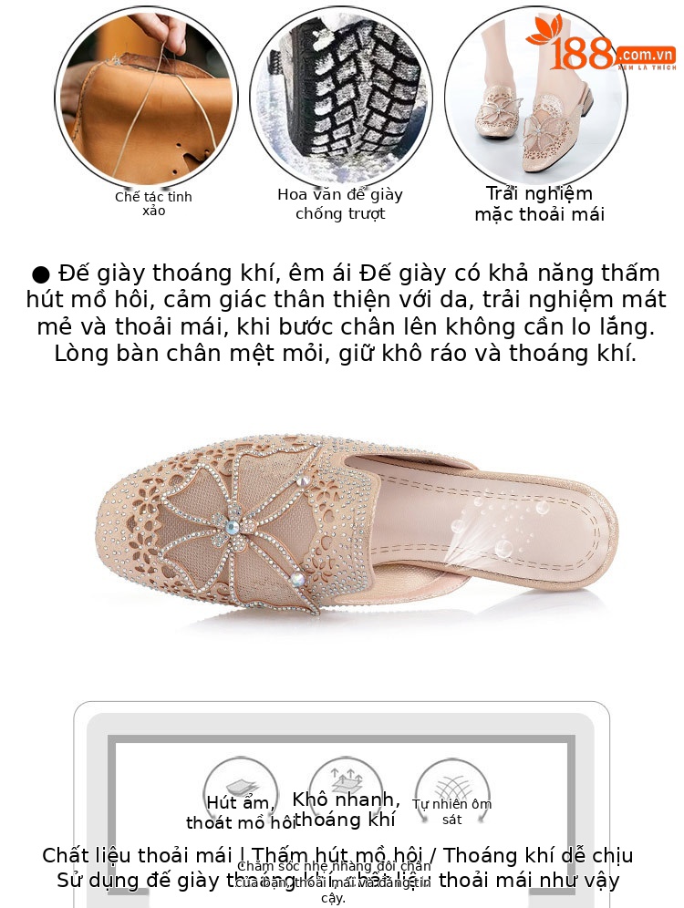 Dép lê bít mũi rỗng đế thấp đính đá thời trang cho nữ — Màu vàng chi tiết 6