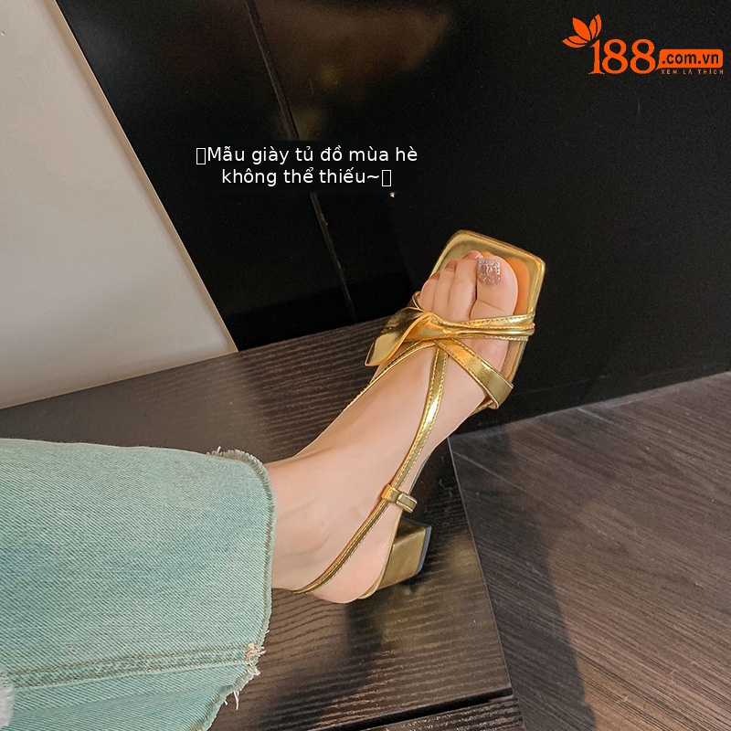 Sandal nữ da bò hoa Calla gót vuông 6 cm quai mảnh khóa đầu vuông da thật ghép màu hở ngón — Màu đen, Màu vàng, Màu trắng be chi tiết 32