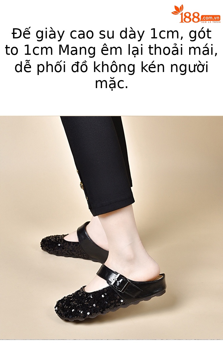 Dép lê bít mũi da thật mũi tròn, gót bằng đính sequin, thời trang mùa hè — Màu đen chi tiết 1