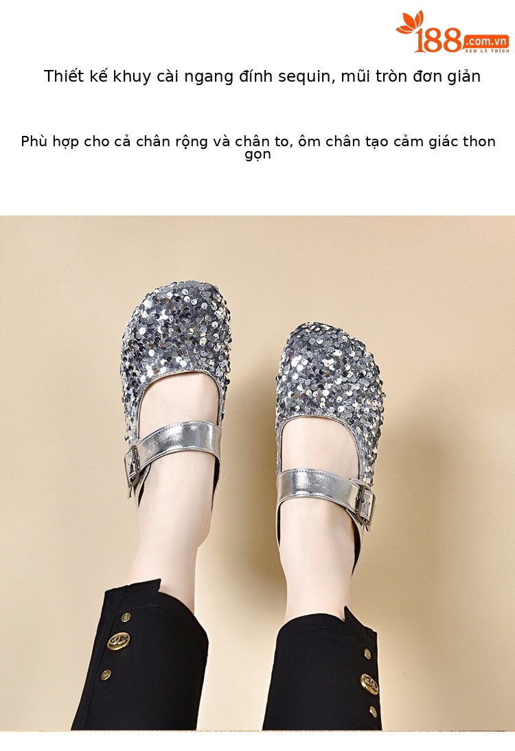 Dép lê bít mũi da thật mũi tròn, gót bằng đính sequin, thời trang mùa hè — Màu đen chi tiết 2