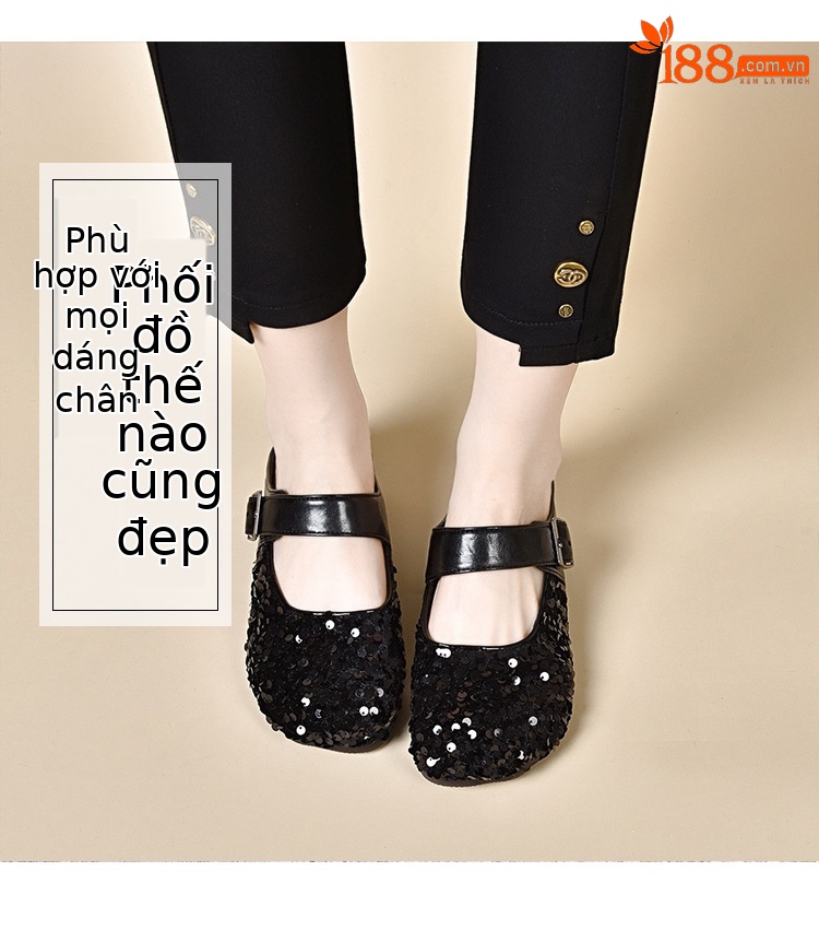 Dép lê bít mũi da thật mũi tròn, gót bằng đính sequin, thời trang mùa hè — Màu đen chi tiết 4