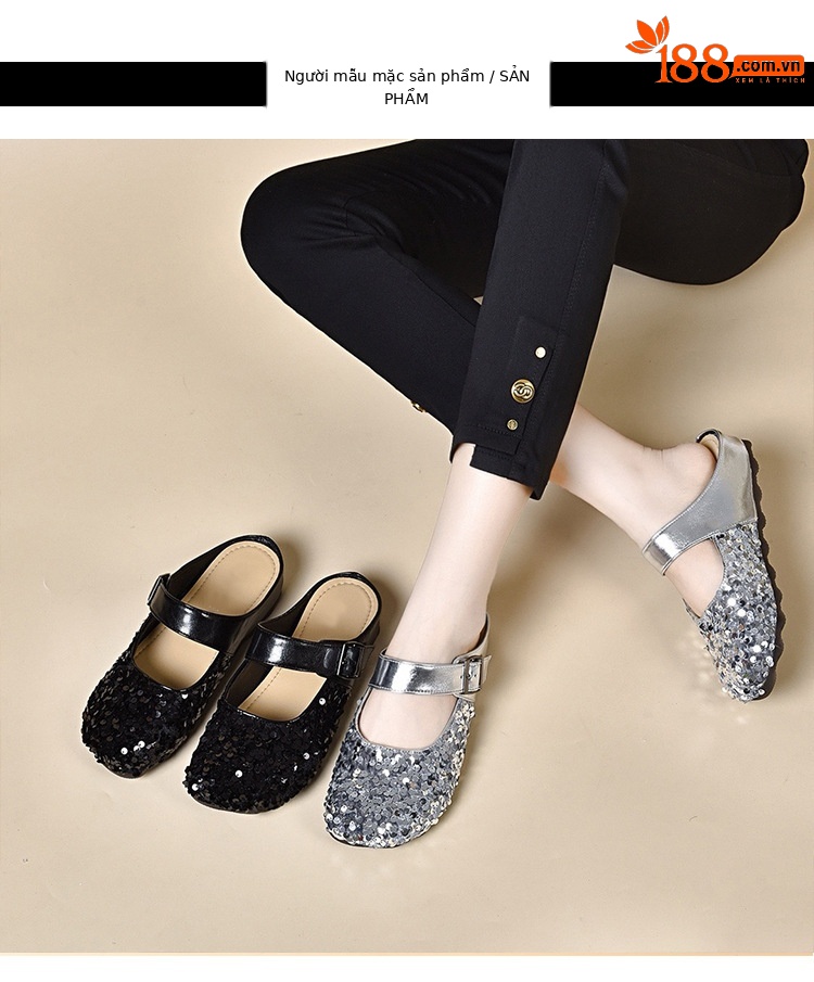 Dép lê bít mũi da thật mũi tròn, gót bằng đính sequin, thời trang mùa hè — Màu đen chi tiết 6