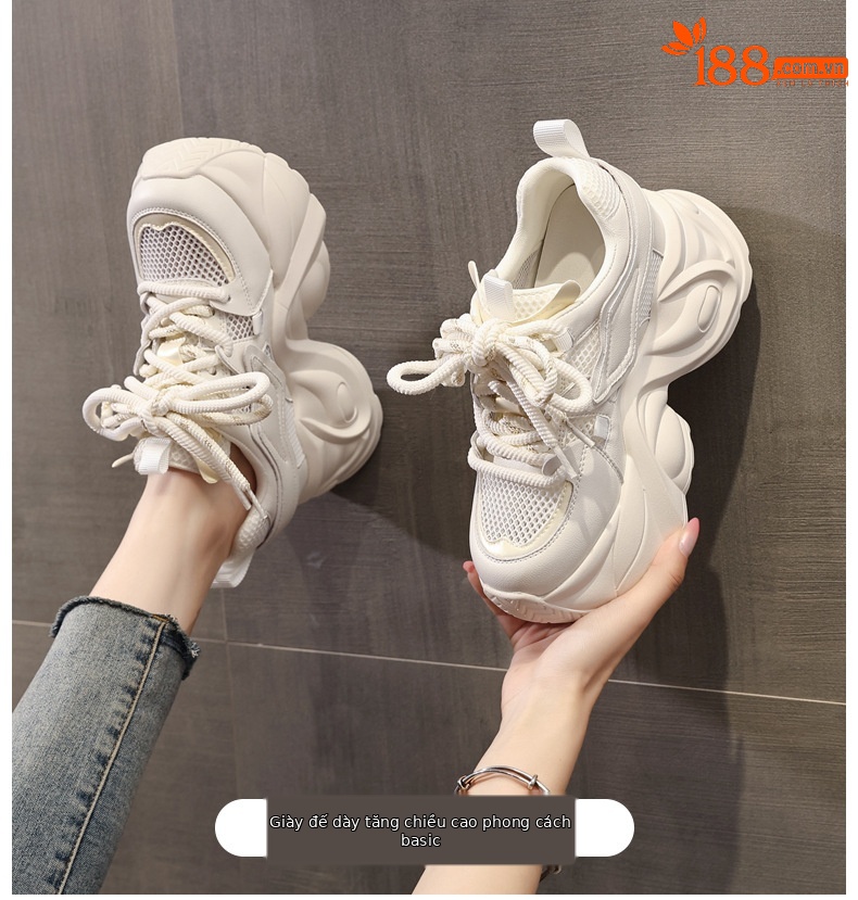 Giày sneaker nữ đế dày tăng chiều cao lưới thoáng khí — Màu vàng trắng chi tiết 1