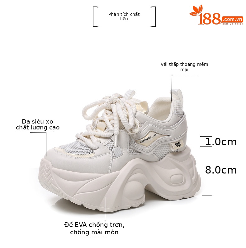Giày sneaker nữ đế dày tăng chiều cao lưới thoáng khí — Màu vàng trắng chi tiết 3