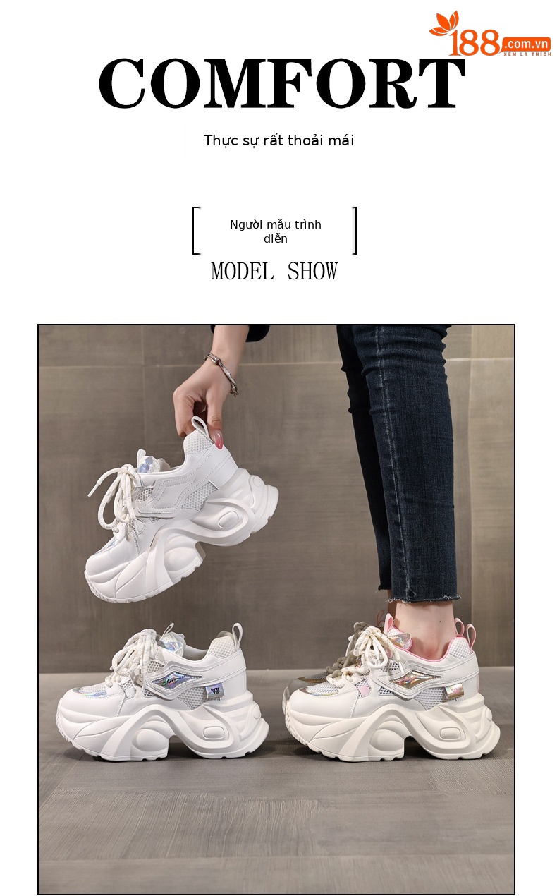 Giày sneaker nữ đế dày tăng chiều cao lưới thoáng khí — Màu vàng trắng chi tiết 11