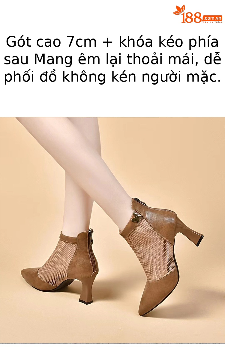 Boot lưới cao gót mũi nhọn nữ da thật gót thô cổ thấp hở gót — Màu đen Cashmere chi tiết 1