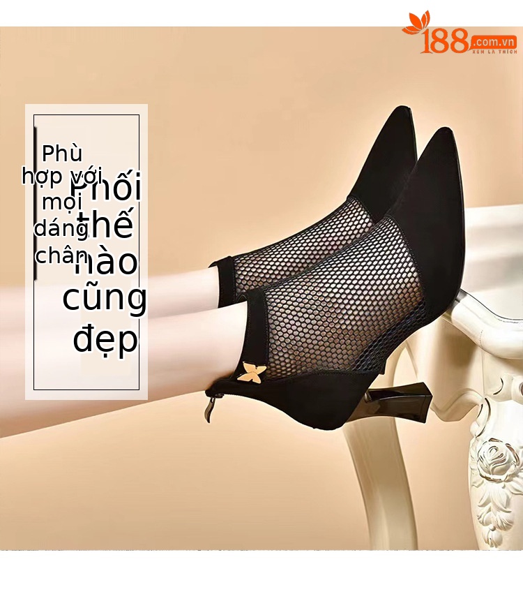 Boot lưới cao gót mũi nhọn nữ da thật gót thô cổ thấp hở gót — Màu đen Cashmere chi tiết 4