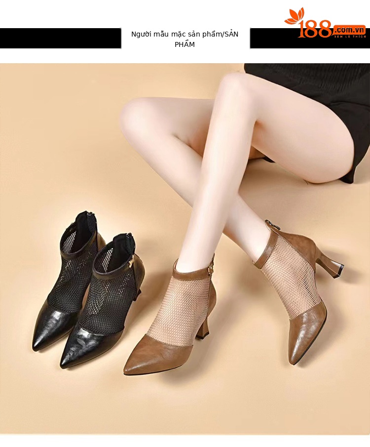 Boot lưới cao gót mũi nhọn nữ da thật gót thô cổ thấp hở gót — Màu đen Cashmere chi tiết 6
