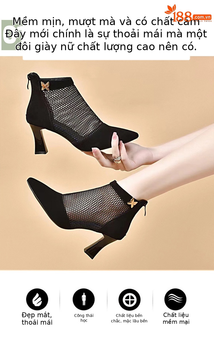 Boot lưới cao gót mũi nhọn nữ da thật gót thô cổ thấp hở gót — Màu đen Cashmere chi tiết 5