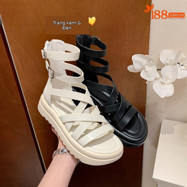 Sandal đế dày nữ da bò quai chéo hở ngón cao cổ mùa hè — Màu đen, Màu trắng be