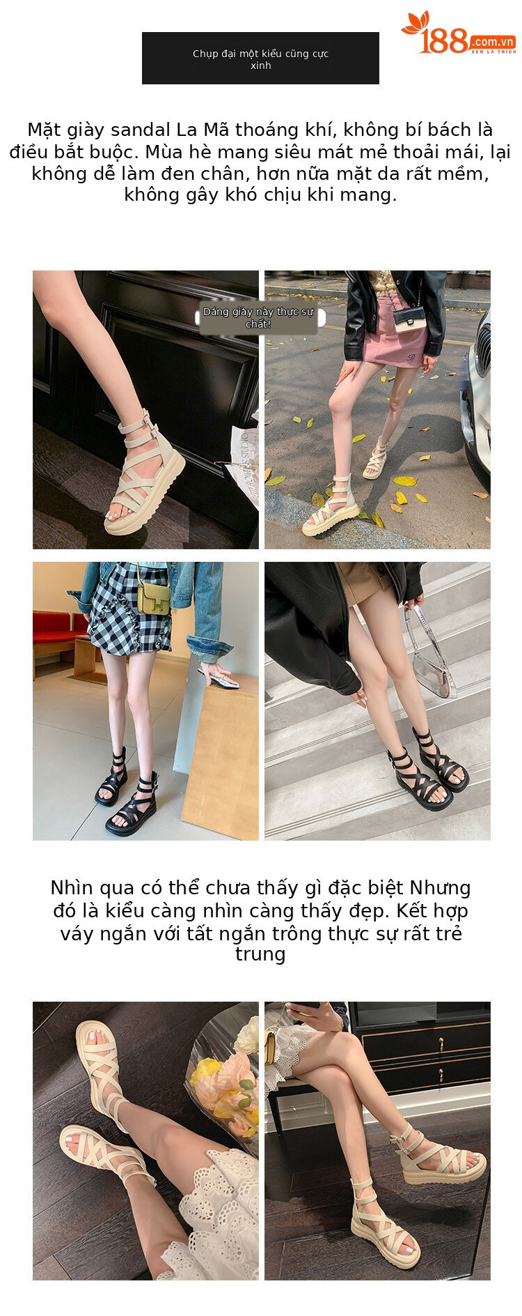 Sandal đế dày nữ da bò quai chéo hở ngón cao cổ mùa hè — Màu đen, Màu trắng be chi tiết 4