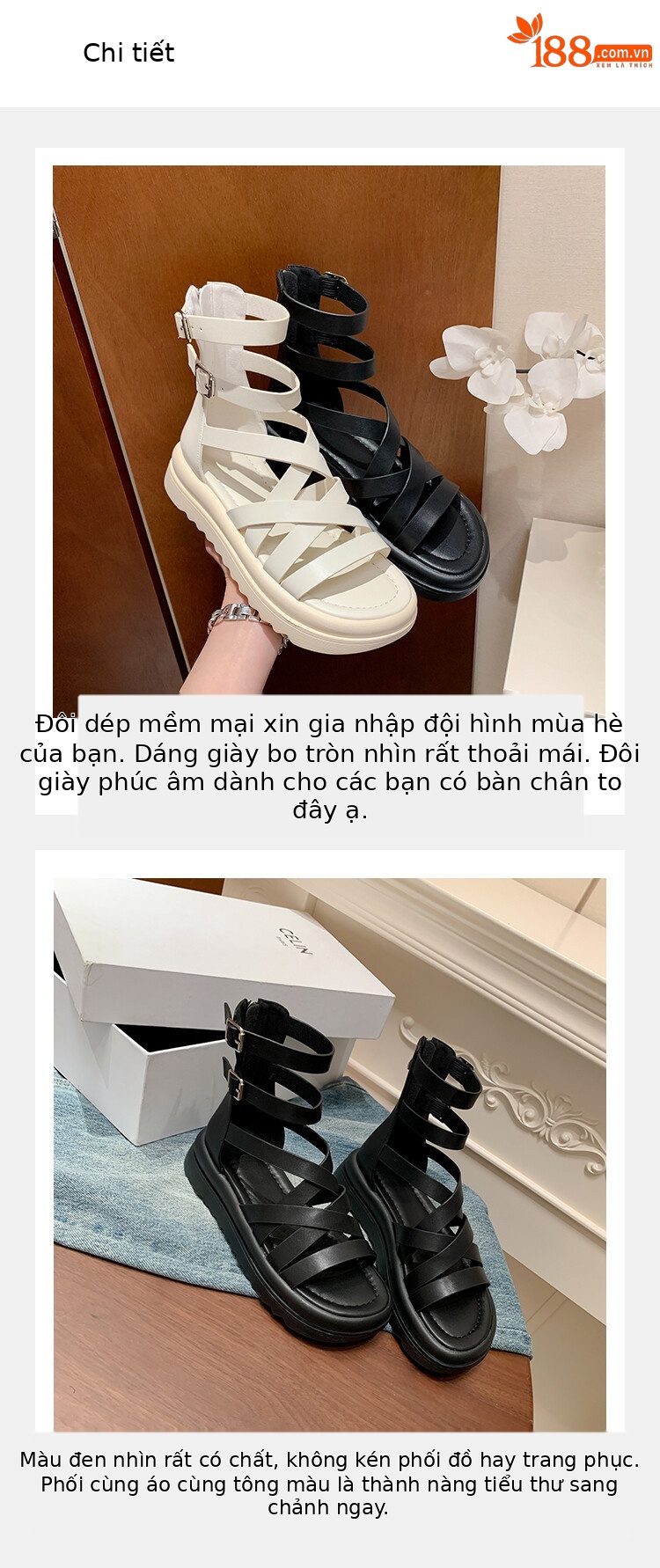 Sandal đế dày nữ da bò quai chéo hở ngón cao cổ mùa hè — Màu đen, Màu trắng be chi tiết 6