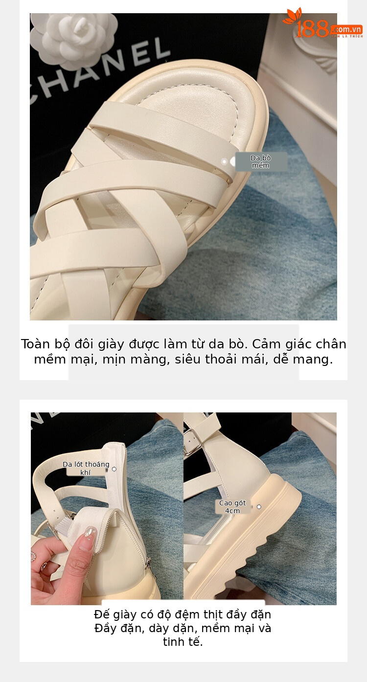 Sandal đế dày nữ da bò quai chéo hở ngón cao cổ mùa hè — Màu đen, Màu trắng be chi tiết 7
