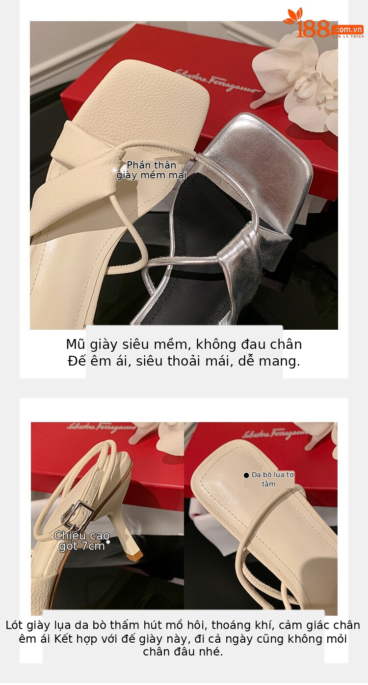 Sandal cao gót nữ hở mũi quai khóa cổ chân gót nhọn 9 cm — Màu vàng, Màu trắng be, Màu bạc chi tiết 6