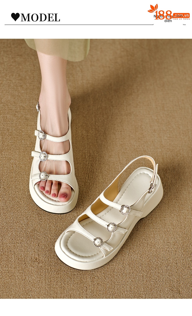 Sandal nữ quai ngang hở mũi mũi tròn đế dày tăng chiều cao da cừu mùa hè 2024 — Màu đen, Màu trắng be, Màu bạc chi tiết 5