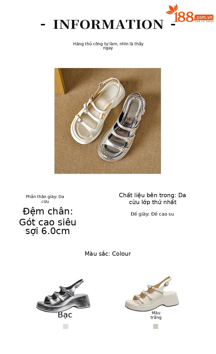 Sandal nữ quai ngang hở mũi mũi tròn đế dày tăng chiều cao da cừu mùa hè 2024 — Màu đen, Màu trắng be, Màu bạc chi tiết 1