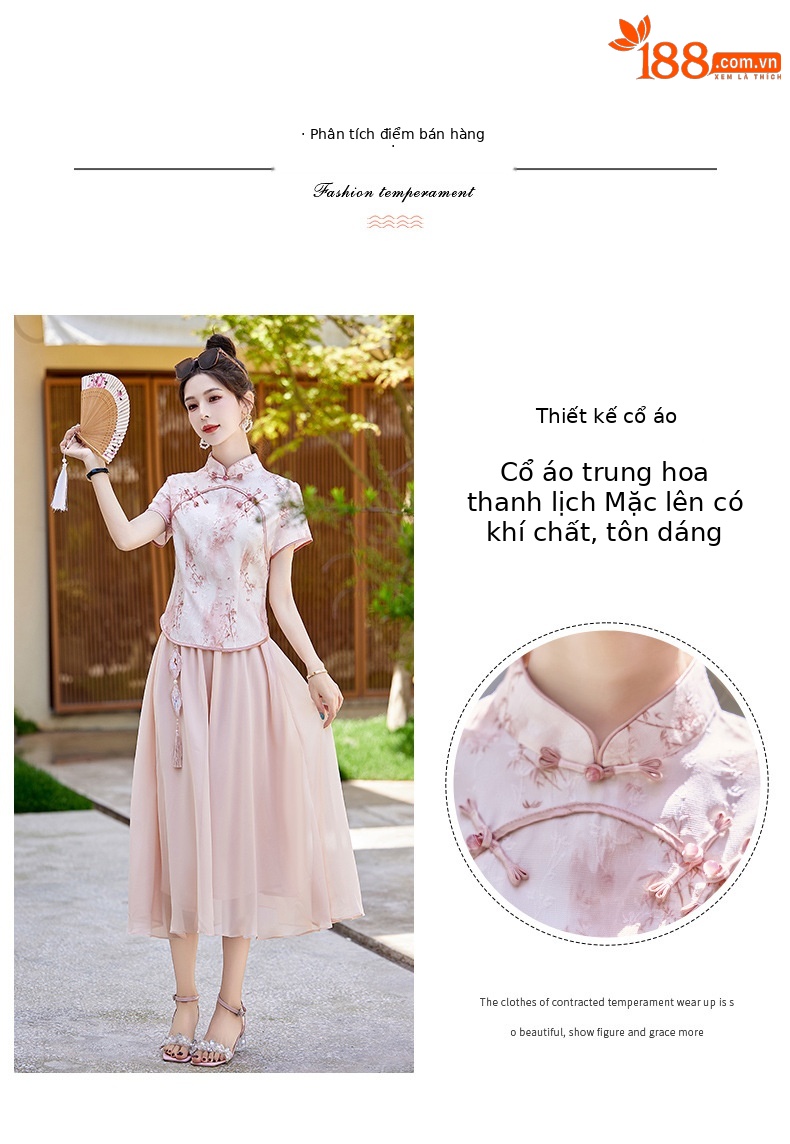 Bộ áo kiểu Trung Quốc mới và váy dài vừa phải hai mảnh mùa hè AH2438 — Màu hồng, Màu xanh lá chi tiết 5
