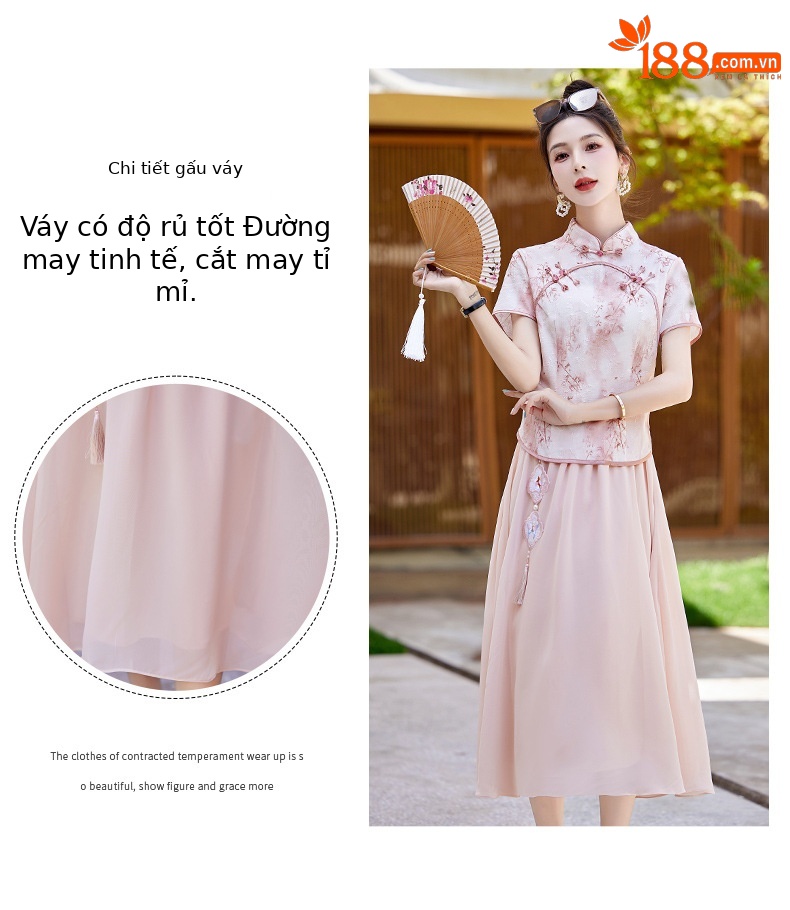 Bộ áo kiểu Trung Quốc mới và váy dài vừa phải hai mảnh mùa hè AH2438 — Màu hồng, Màu xanh lá chi tiết 7
