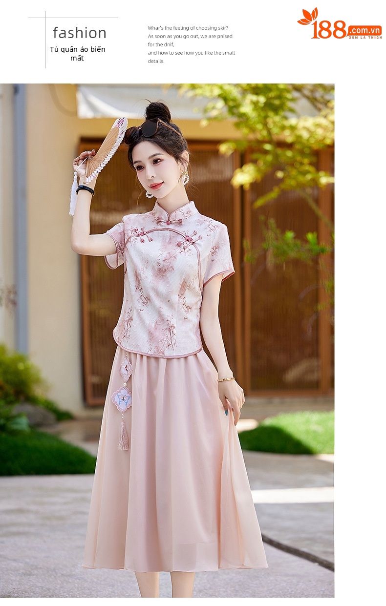 Bộ áo kiểu Trung Quốc mới và váy dài vừa phải hai mảnh mùa hè AH2438 — Màu hồng, Màu xanh lá chi tiết 19