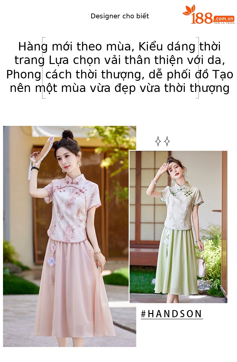 Bộ áo kiểu Trung Quốc mới và váy dài vừa phải hai mảnh mùa hè AH2438 — Màu hồng, Màu xanh lá chi tiết 2