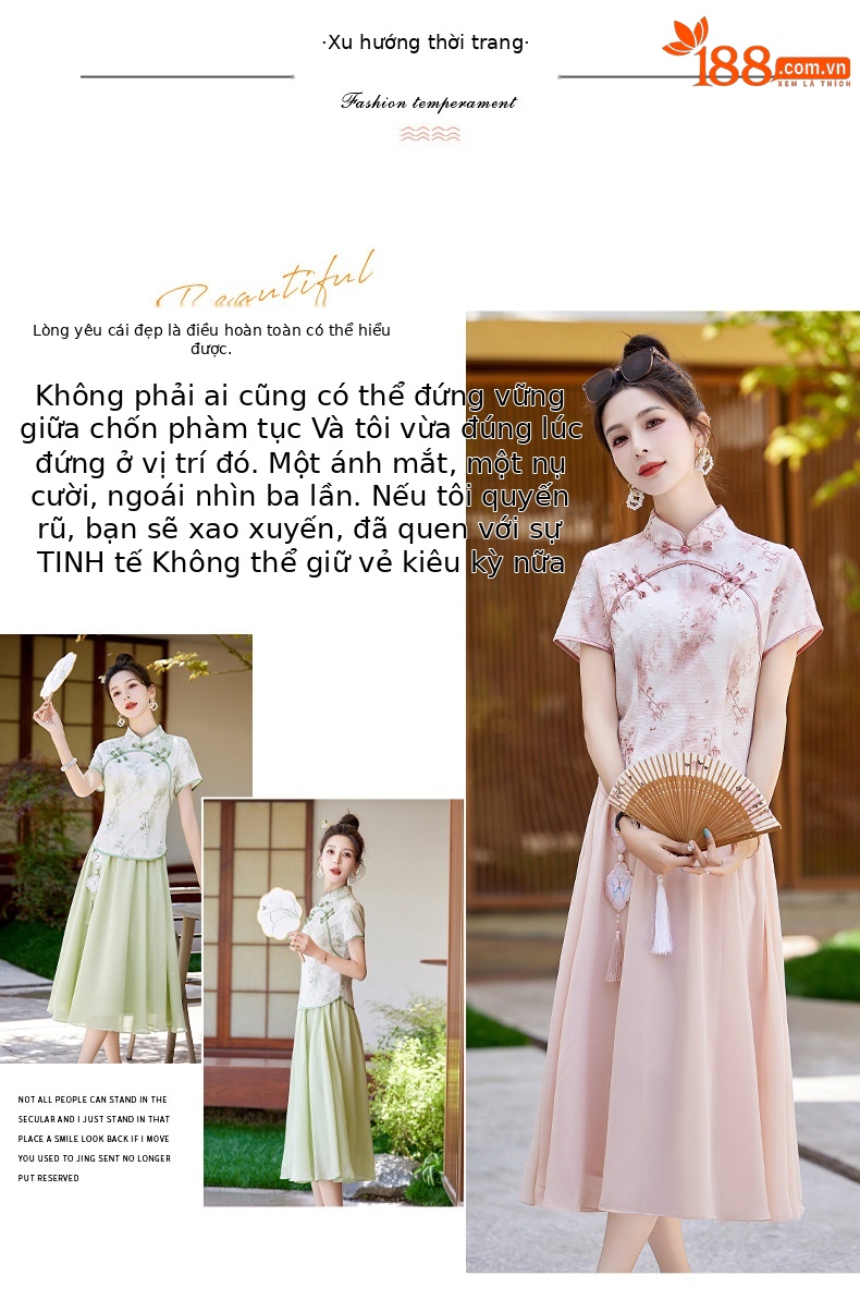 Bộ áo kiểu Trung Quốc mới và váy dài vừa phải hai mảnh mùa hè AH2438 — Màu hồng, Màu xanh lá chi tiết 4