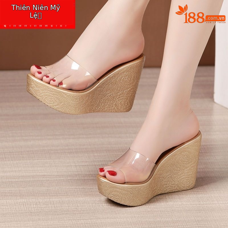 Dép sandal nữ quai chữ V đế xuồng dày trong suốt hở mũi gót 8 cm — Màu vàng, Màu vàng 8cm