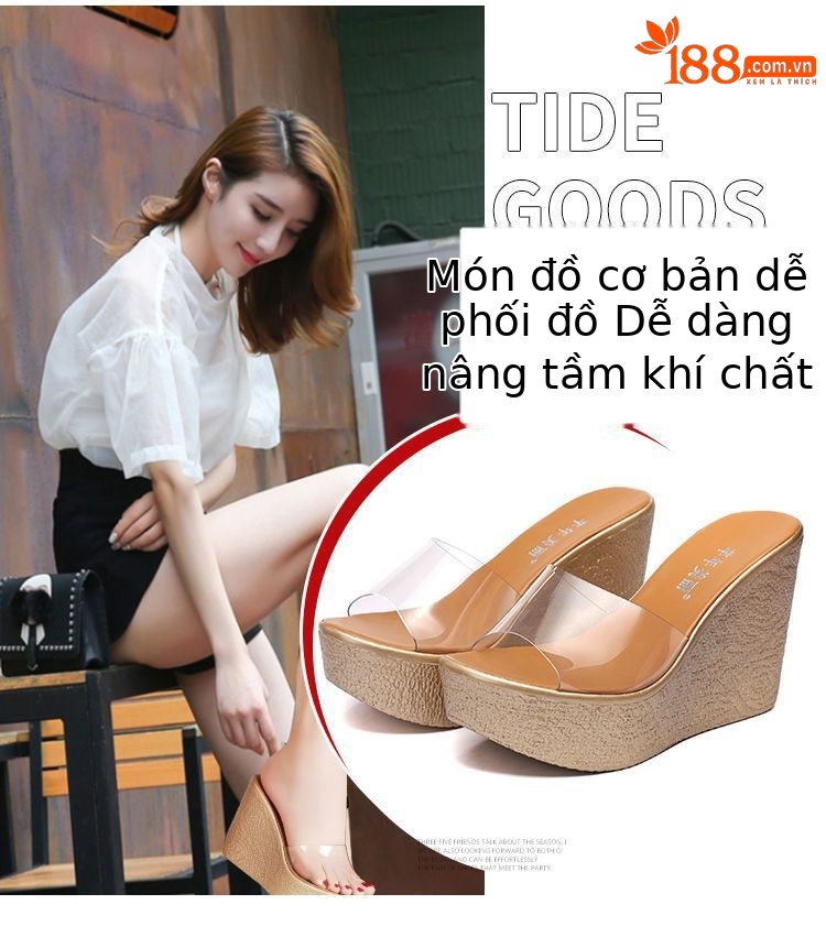 Dép sandal nữ quai chữ V đế xuồng dày trong suốt hở mũi gót 8 cm — Màu vàng, Màu vàng 8cm chi tiết 5