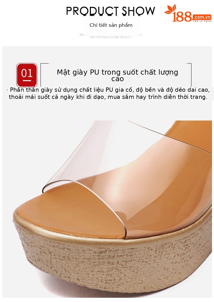 Dép sandal nữ quai chữ V đế xuồng dày trong suốt hở mũi gót 8 cm — Màu vàng, Màu vàng 8cm chi tiết 6