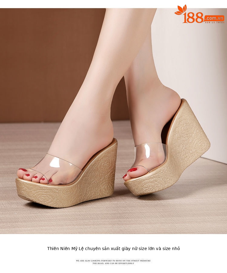 Dép sandal nữ quai chữ V đế xuồng dày trong suốt hở mũi gót 8 cm — Màu vàng, Màu vàng 8cm chi tiết 11