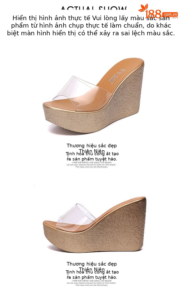 Dép sandal nữ quai chữ V đế xuồng dày trong suốt hở mũi gót 8 cm — Màu vàng, Màu vàng 8cm chi tiết 15