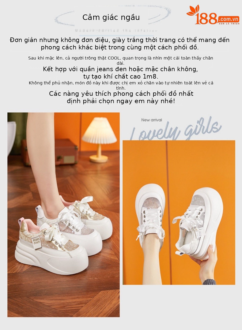 Giày sneaker nữ chunky đế dày trắng platform hở lưng — Hồng vàng, Trắng chi tiết 3
