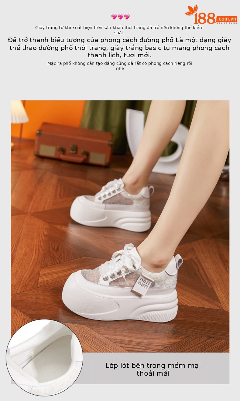 Giày sneaker nữ chunky đế dày trắng platform hở lưng — Hồng vàng, Trắng chi tiết 4