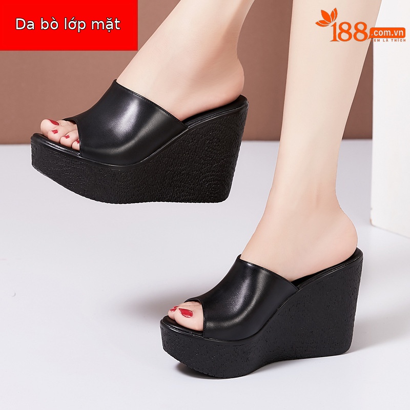 Dép sandal nữ đế xuồng da thật gót 11cm siêu cao đế dày chống thấm — Màu Trắng be 30217 7cm, 30118 đen 8cm, Màu Trắng 30118 8cm, Màu đen 11cm