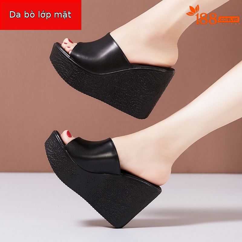 Dép sandal nữ đế xuồng da thật gót 11cm siêu cao đế dày chống thấm — Màu Trắng be 30217 7cm, 30118 đen 8cm, Màu Trắng 30118 8cm, Màu đen 11cm
