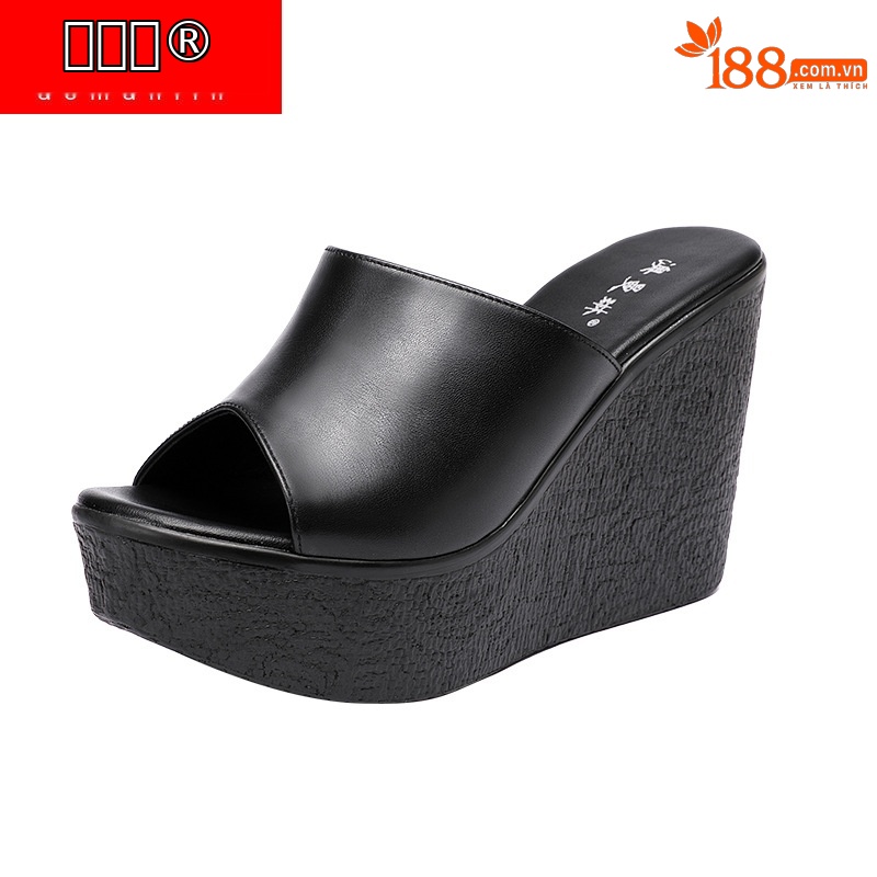 Dép sandal nữ đế xuồng da thật gót 11cm siêu cao đế dày chống thấm — Màu Trắng be 30217 7cm, 30118 đen 8cm, Màu Trắng 30118 8cm, Màu đen 11cm