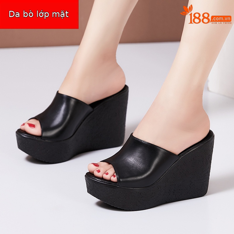 Dép sandal nữ đế xuồng da thật gót 11cm siêu cao đế dày chống thấm — Màu Trắng be 30217 7cm, 30118 đen 8cm, Màu Trắng 30118 8cm, Màu đen 11cm