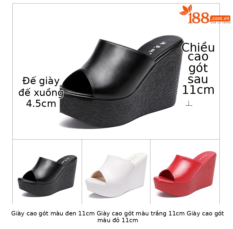 Dép sandal nữ đế xuồng da thật gót 11cm siêu cao đế dày chống thấm — Màu Trắng be 30217 7cm, 30118 đen 8cm, Màu Trắng 30118 8cm, Màu đen 11cm chi tiết 5
