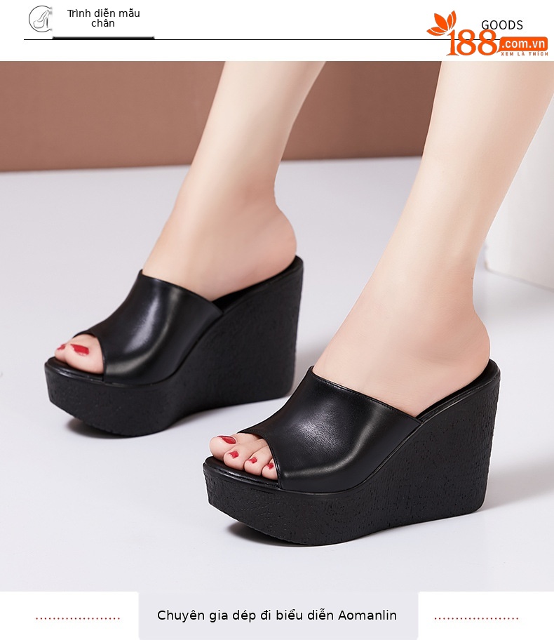Dép sandal nữ đế xuồng da thật gót 11cm siêu cao đế dày chống thấm — Màu Trắng be 30217 7cm, 30118 đen 8cm, Màu Trắng 30118 8cm, Màu đen 11cm chi tiết 8