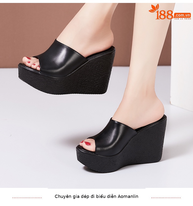 Dép sandal nữ đế xuồng da thật gót 11cm siêu cao đế dày chống thấm — Màu Trắng be 30217 7cm, 30118 đen 8cm, Màu Trắng 30118 8cm, Màu đen 11cm chi tiết 9